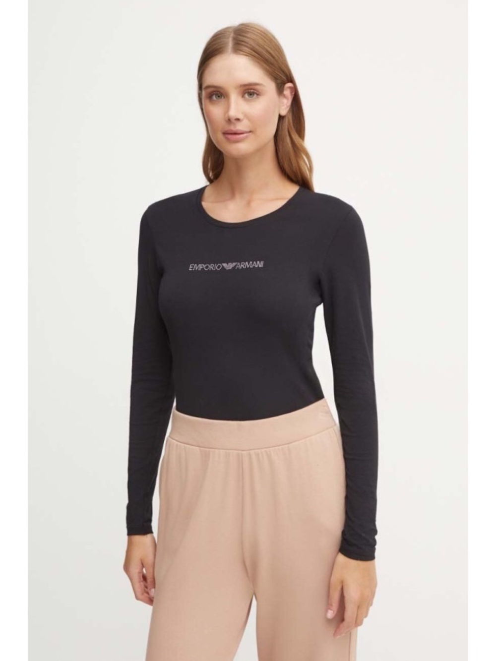 Emporio Armani Logo Stretch Tee Black Long Sleeve Designer Top Women Size S